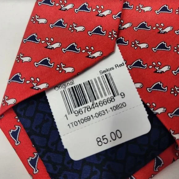 New men's Vineyard Vines The Original Tie with whale & fish in Sailors Red
